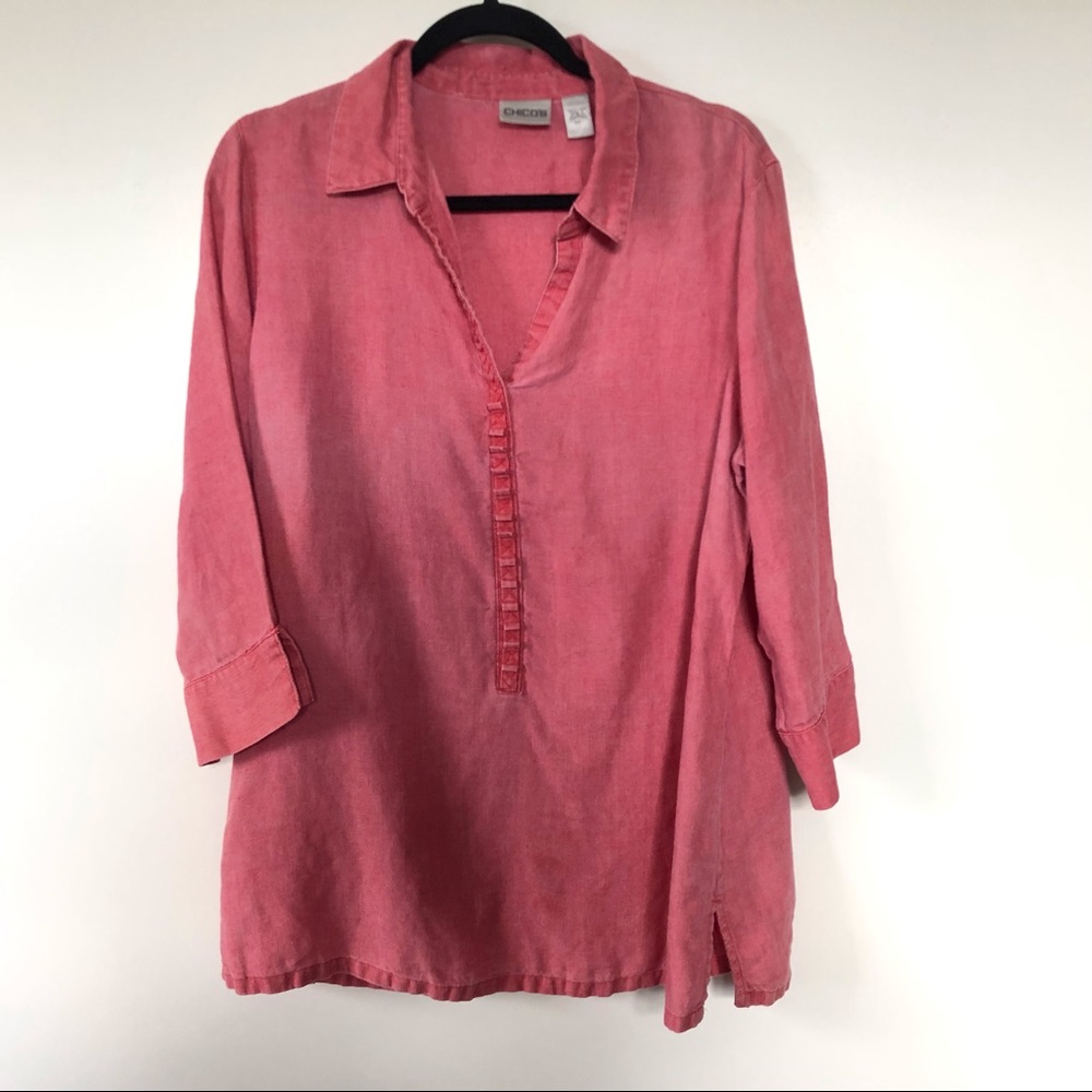 Chicos Size 1 Top Womens Blouse Linen Red Popover